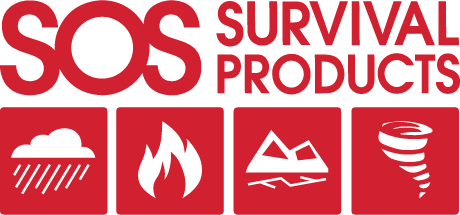 Logo of SOS Survival Products with icons for weather, fire, mountain, and tornado on a red background.