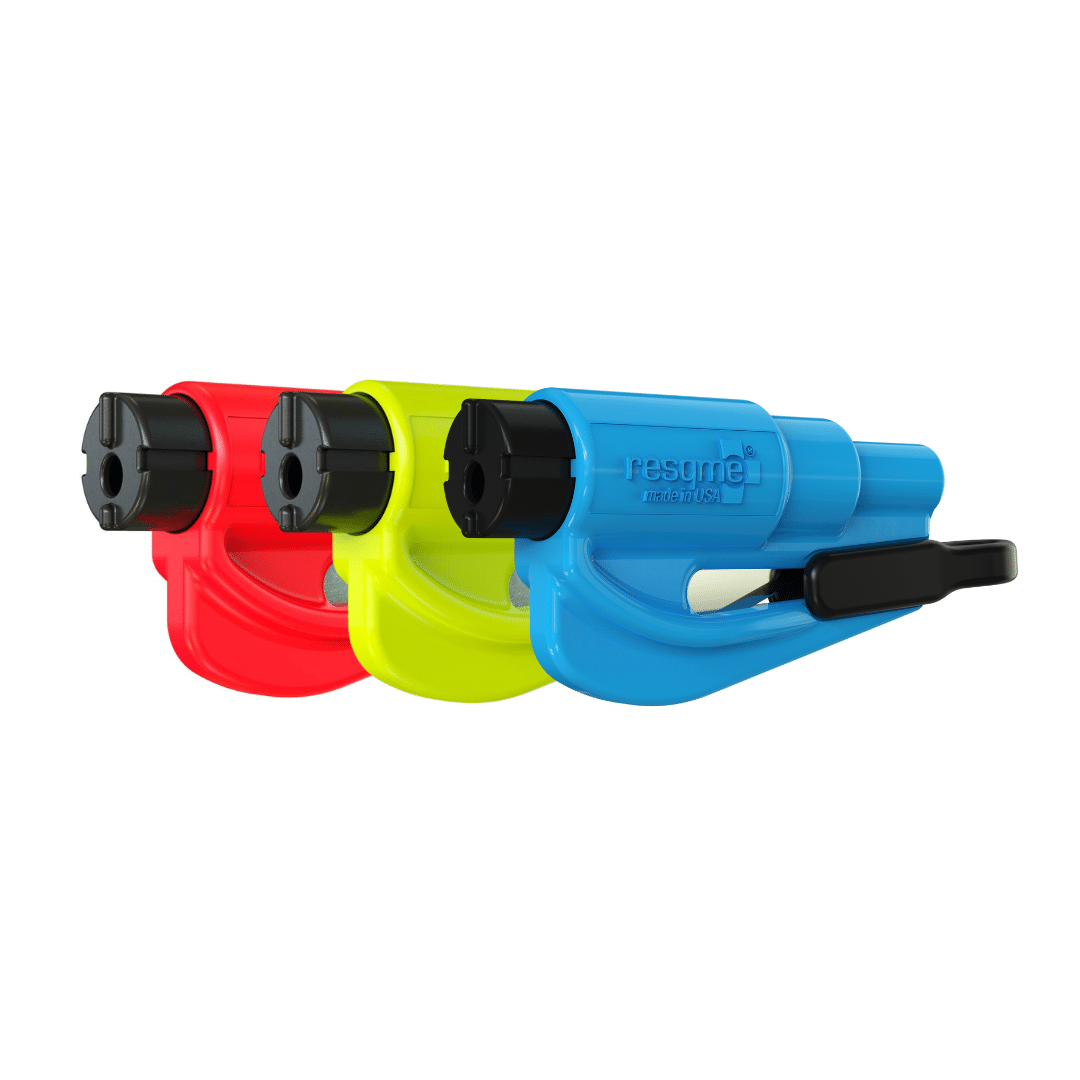 resqme® Car Escape Tool, Seatbelt Cutter / Window Breaker - Pack of 3 Blue, Red & Safety Yellow