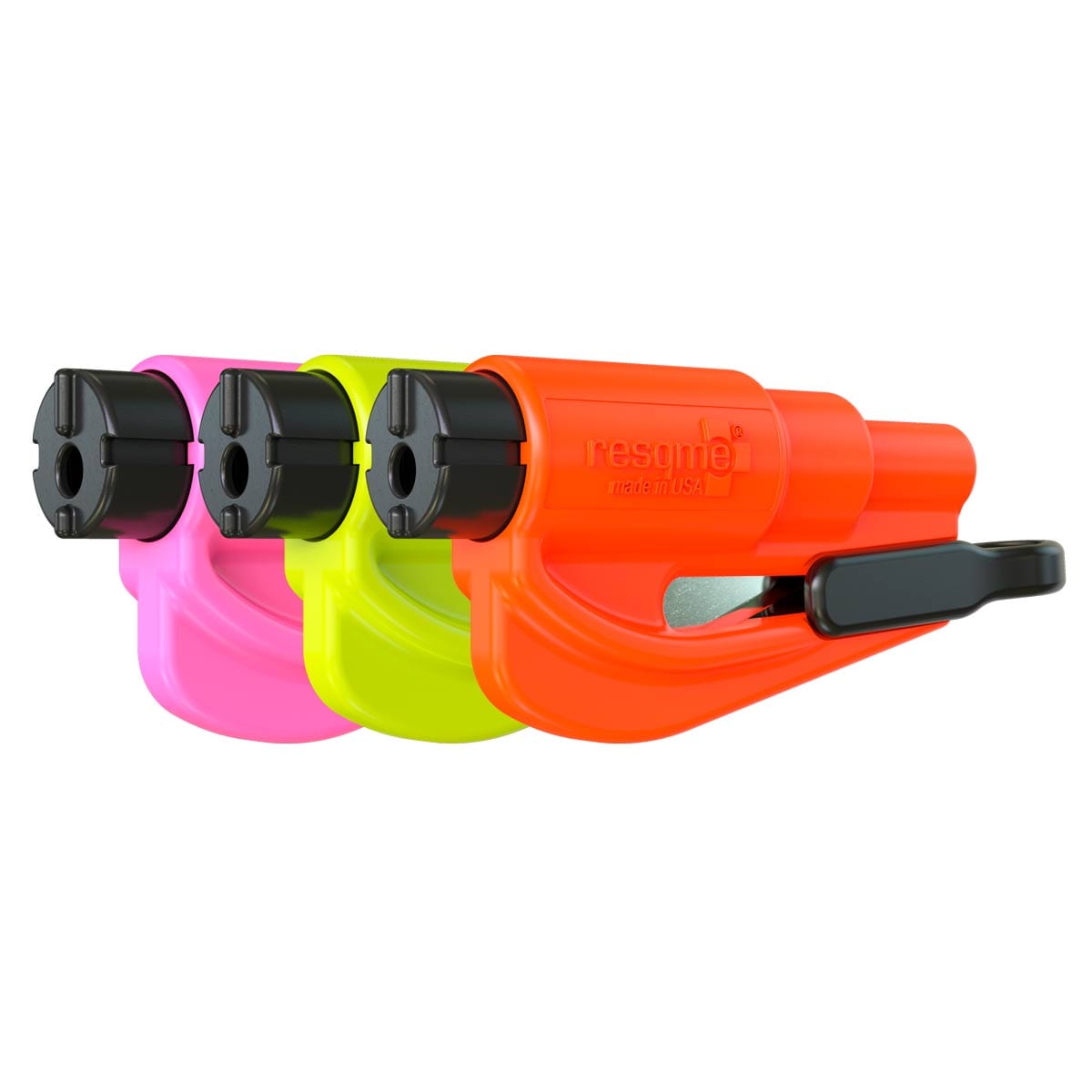 resqme® Car Escape Tool, Seatbelt Cutter / Window Breaker - Pack of 3 Yellow, Pink & Orange