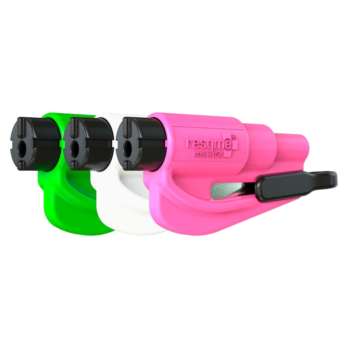 resqme® Car Escape Tool, Seatbelt Cutter / Window Breaker – Pack of 3 Green, White & Pink