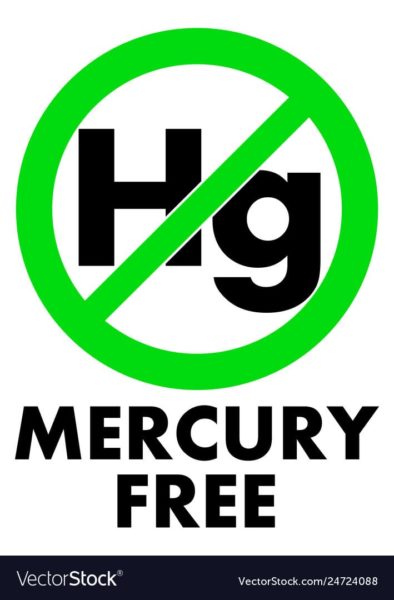 Mercury free icon. Letters Hg (chemical symbol) in green crossed