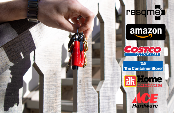Male holding a red resqme attached to keychain. the right is the logos of stores that carry the resqme.