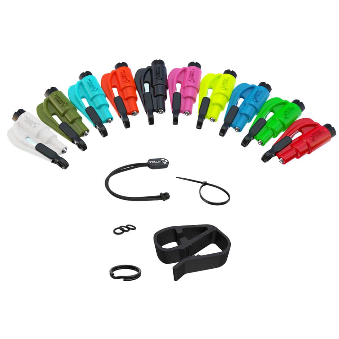 resqme® Car Escape Tool, Window Breaker / Seatbelt Cutter & Accessory Kit with Visor Clip