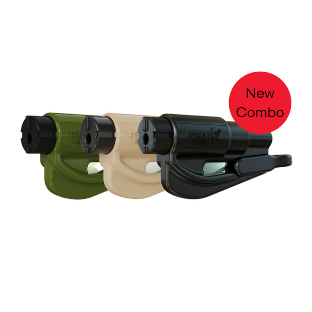 resqme® Car Escape Tool, Seat belt Cutter, Window Breaker, Camouflage Combo: Army Green, Sand, Black
